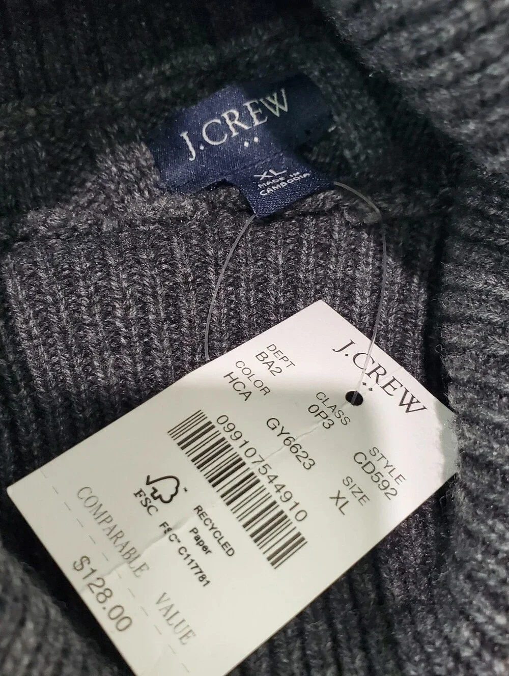 NWT J. Crew Knit Turtleneck Sweater Gray XL Cableknit Fisherman Lambs Wool Blend
